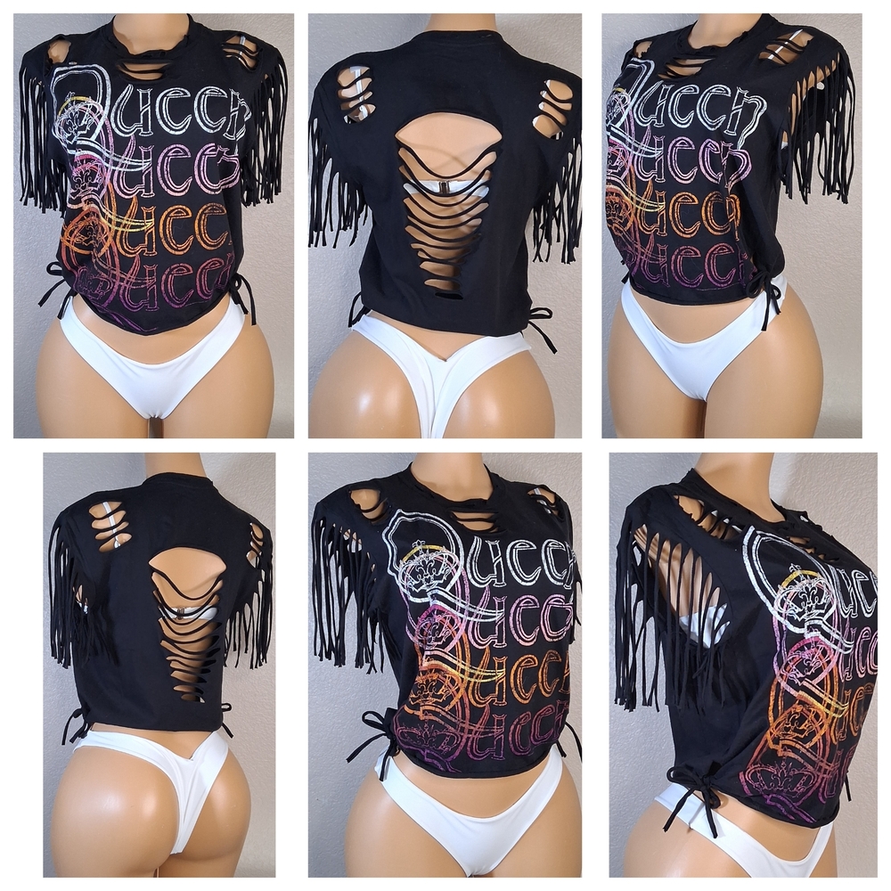 Black Fringe Cutout Top